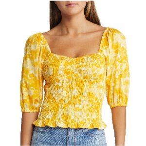 EUC Open edit puffed sleeve smocked top yellow with white accent size medium